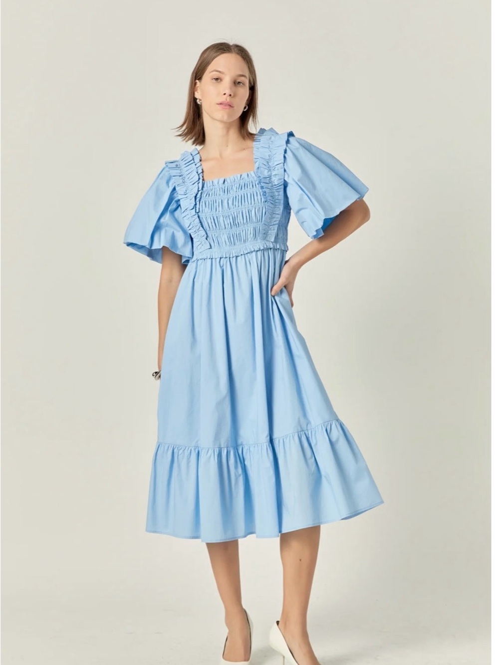 English Factory Puff Sleeve Smocked Midi Dress Powder Blue S
